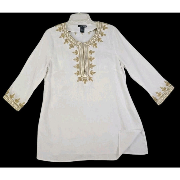 Chelsea & Theodore ~Woman Size M~ White/Gold Embroidered Flowy Tunic 100% Linen. - Picture 1 of 14